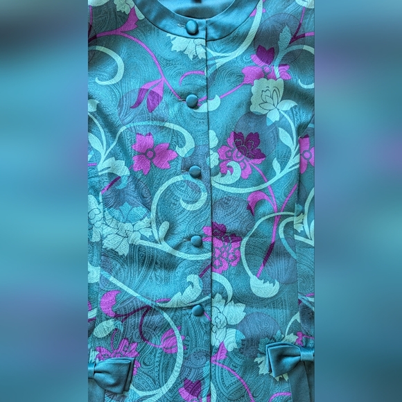 Vintage Adrianna Papell 100% Silk Teal Purple Floral Blouse Jacket Size 12 - Picture 9 of 16